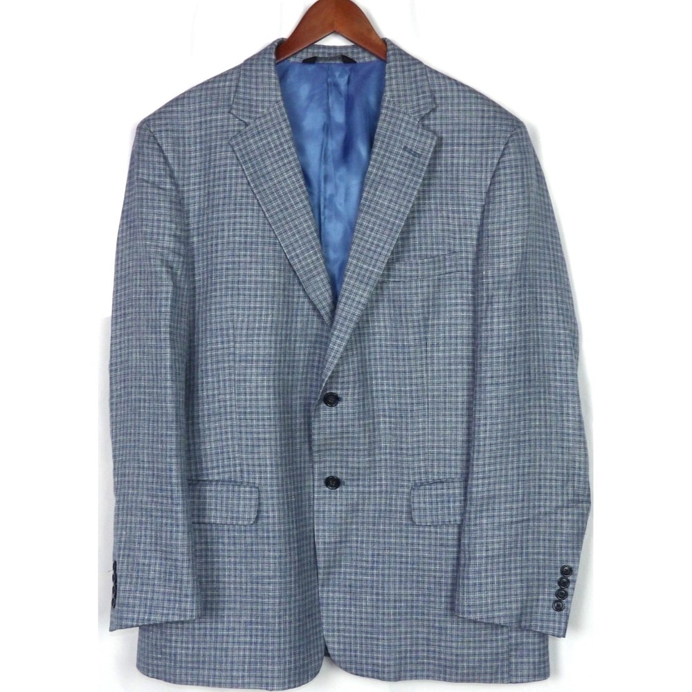 Jos. A. Bank Tailored Fit Blue Plaid 2 Button Wool/Linen/Silk Blazer Men's 44R